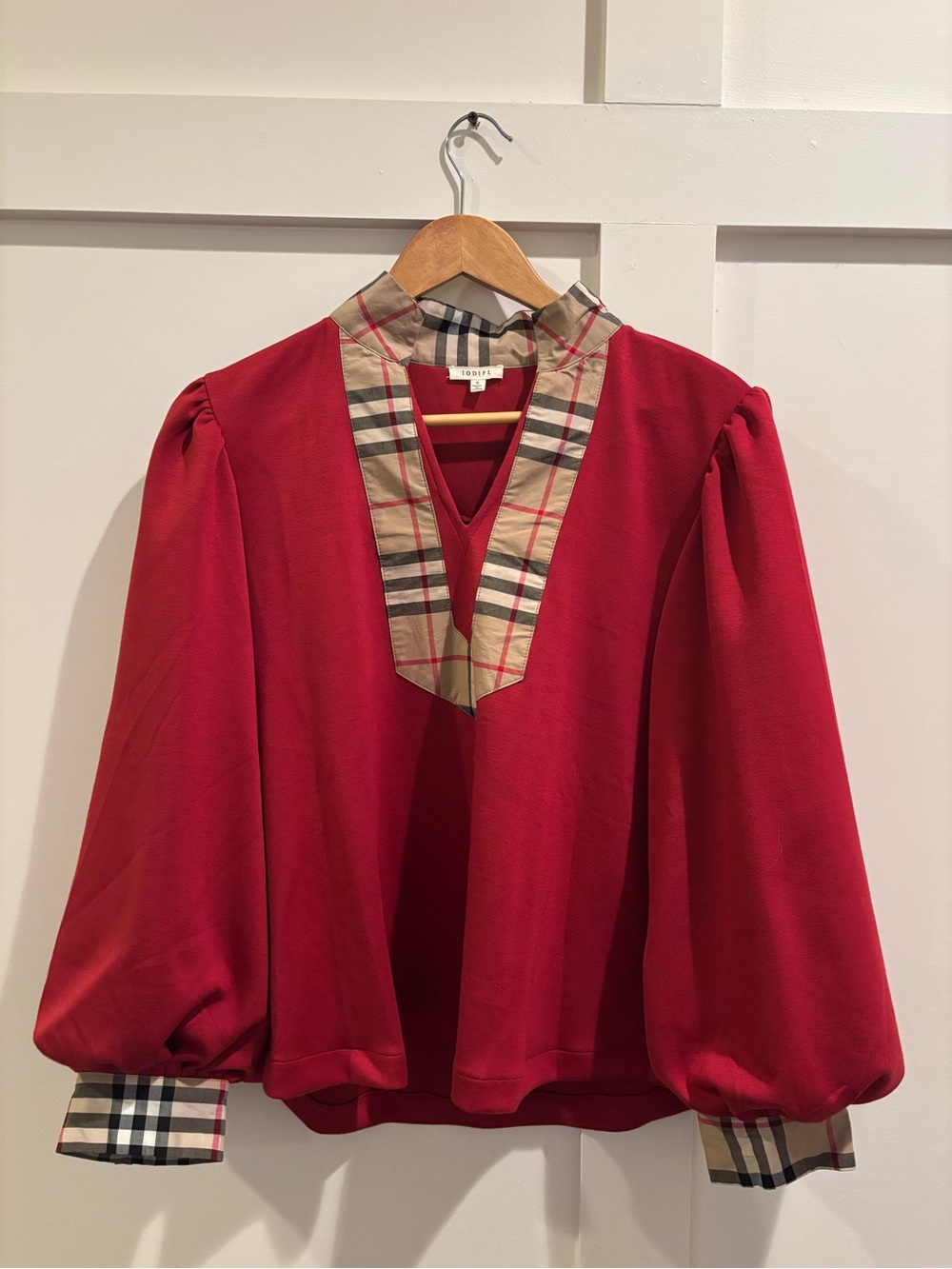 JODIFL Red Puff-Sleeve Blouse with Plaid Trim